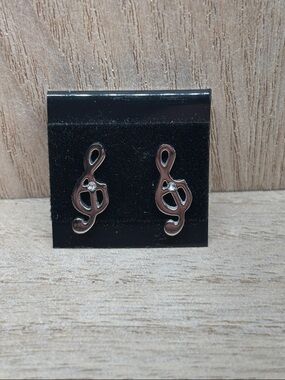 Treble Clef Stud Earrings in Silver Tone with Crystal Accent